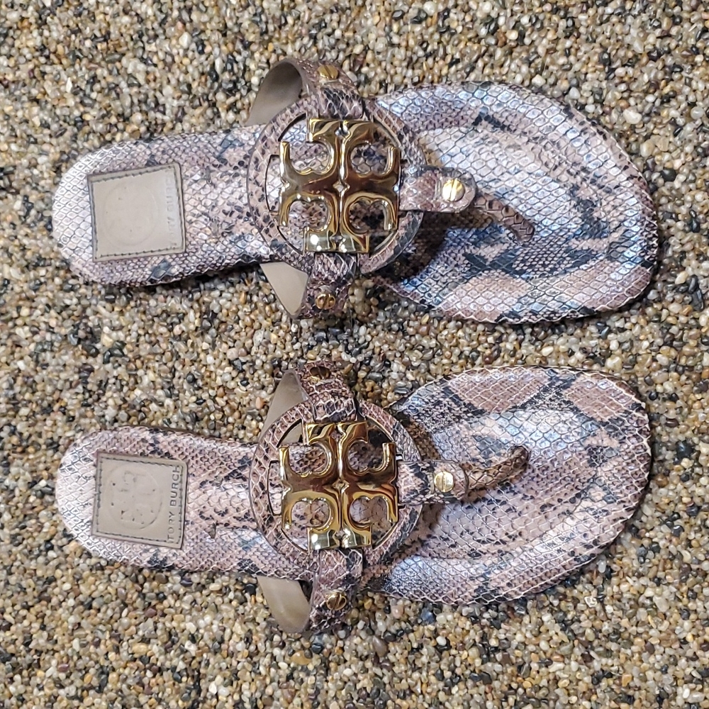TORY BURCH Metal Miller Sandals  Snakeskin Size 7